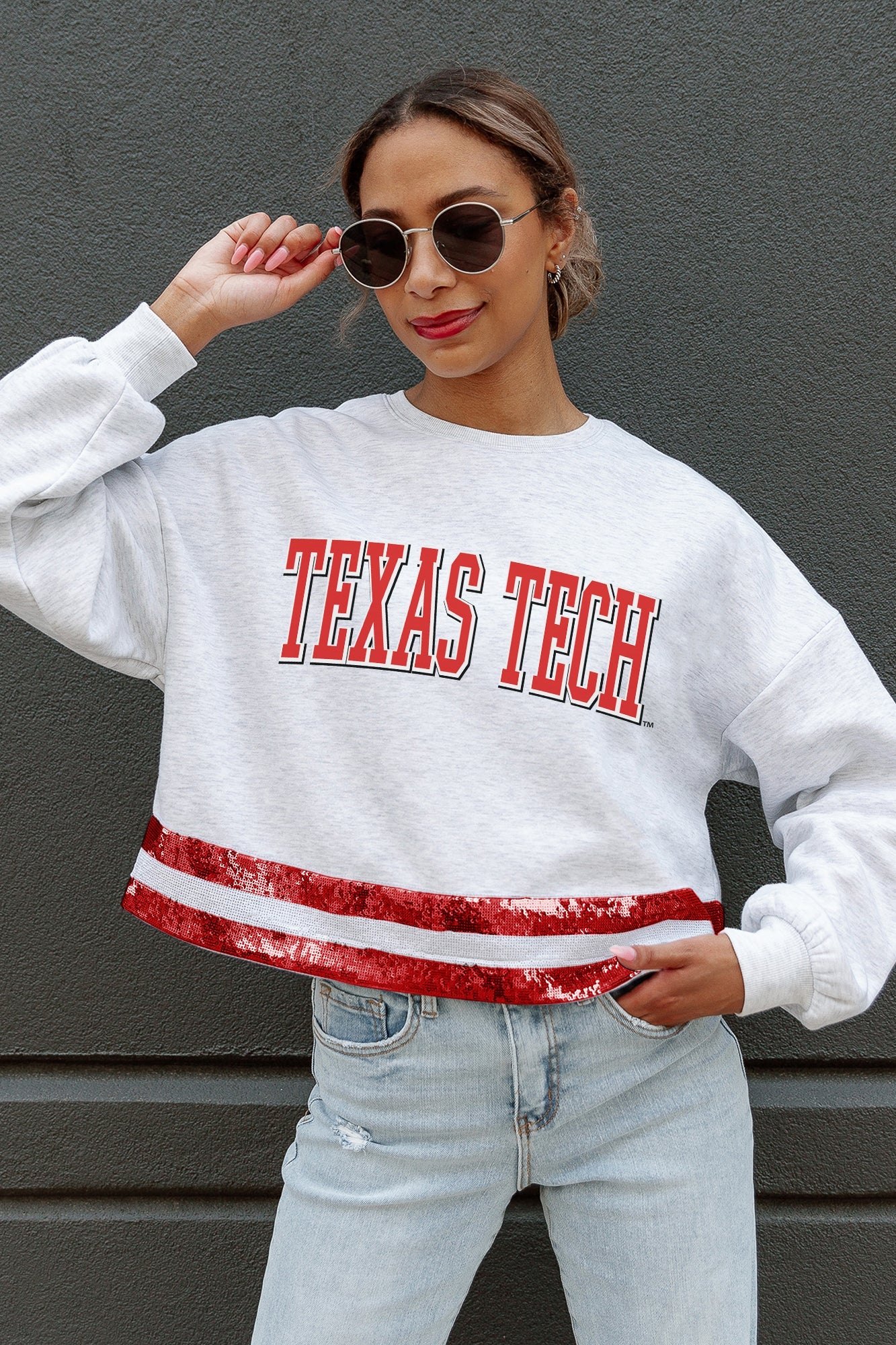 TEXAS TECH RED RAIDERS PASS THE SHINE LONG SLEEVE METALLIC SHIMMER-STRIPE TOP WITH RIBBED NECKLINE AND CUFFS