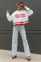 TEXAS TECH RED RAIDERS PASS THE SHINE LONG SLEEVE METALLIC SHIMMER-STRIPE TOP WITH RIBBED NECKLINE AND CUFFS