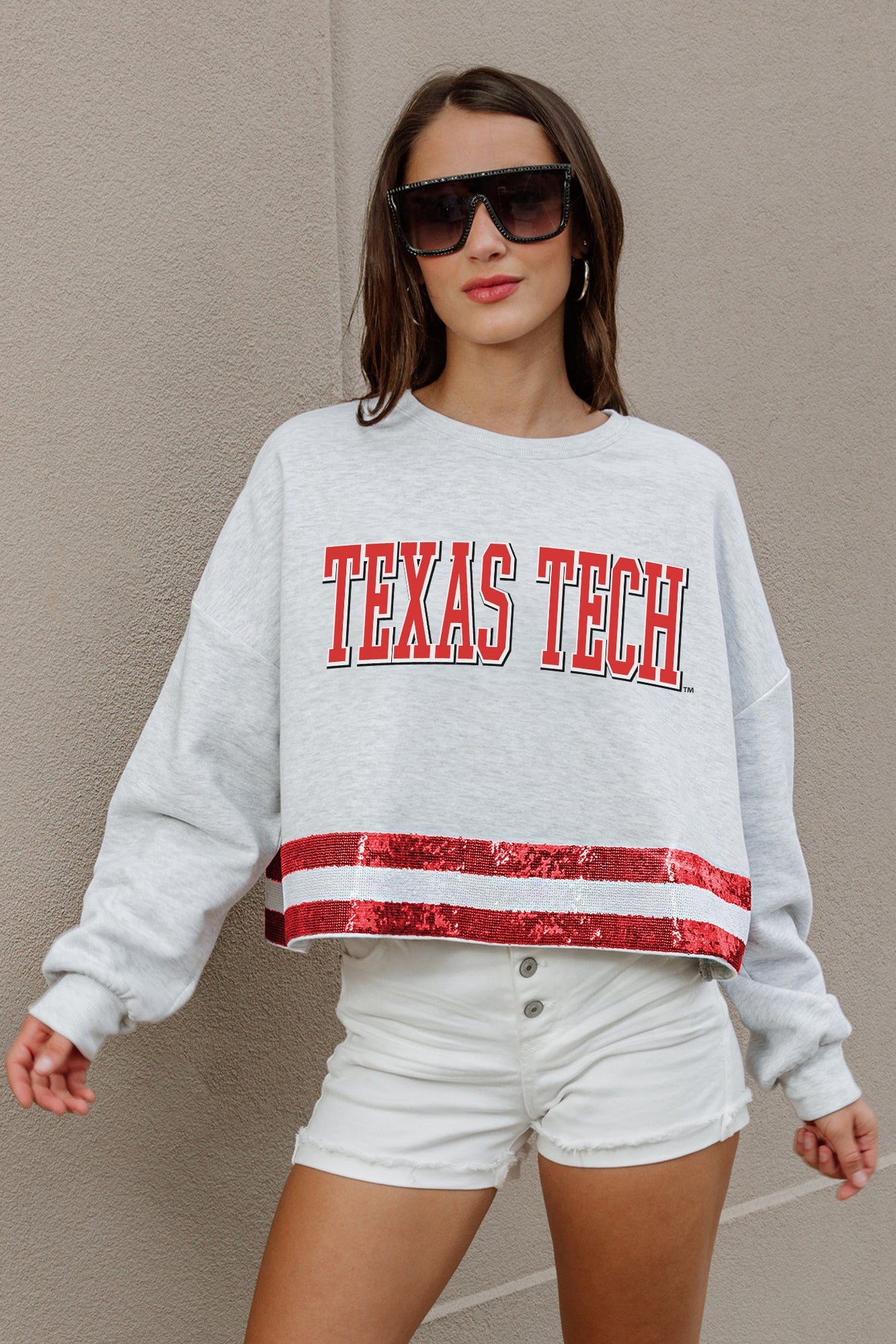 TEXAS TECH RED RAIDERS PASS THE SHINE LONG SLEEVE METALLIC SHIMMER-STRIPE TOP WITH RIBBED NECKLINE AND CUFFS