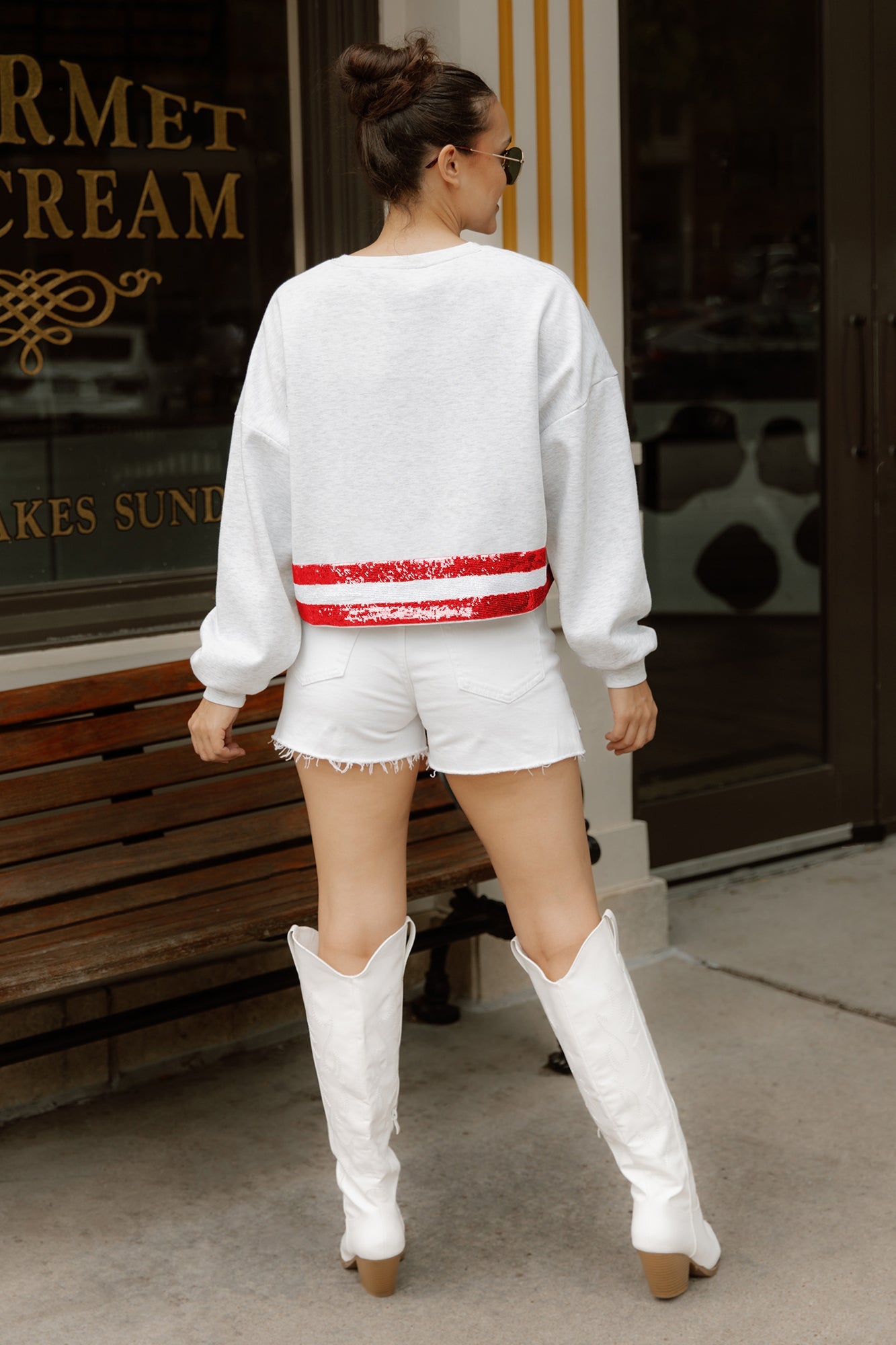 TEXAS TECH RED RAIDERS PASS THE SHINE LONG SLEEVE METALLIC SHIMMER-STRIPE TOP WITH RIBBED NECKLINE AND CUFFS