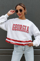 GEORGIA BULLDOGS PASS THE SHINE LONG SLEEVE METALLIC SHIMMER-STRIPE TOP WITH RIBBED NECKLINE AND CUFFS