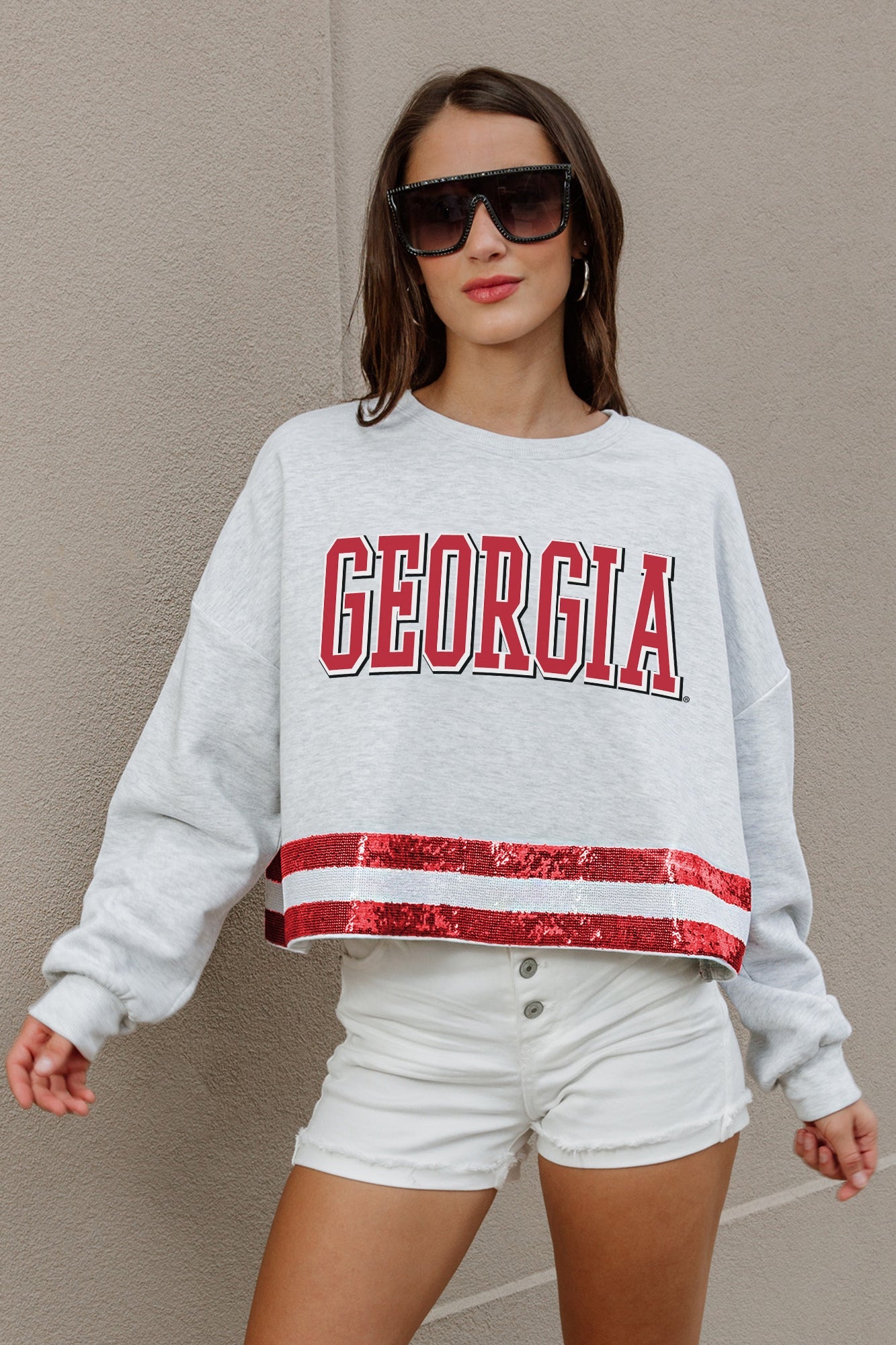 GEORGIA BULLDOGS PASS THE SHINE LONG SLEEVE METALLIC SHIMMER-STRIPE TOP WITH RIBBED NECKLINE AND CUFFS