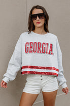 GEORGIA BULLDOGS PASS THE SHINE LONG SLEEVE METALLIC SHIMMER-STRIPE TOP WITH RIBBED NECKLINE AND CUFFS