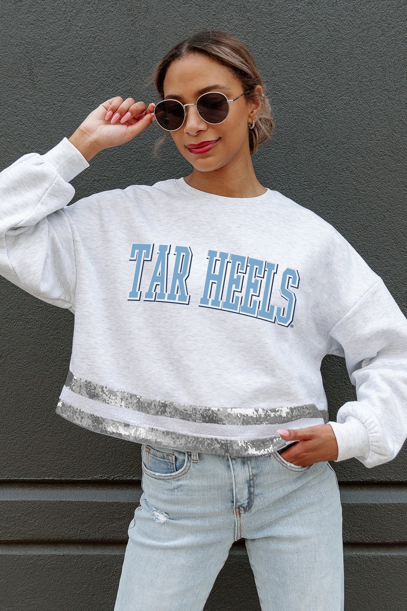 NORTH CAROLINA TAR HEELS PASS THE SHINE LONG SLEEVE METALLIC SHIMMER-STRIPE TOP WITH RIBBED NECKLINE AND CUFFS