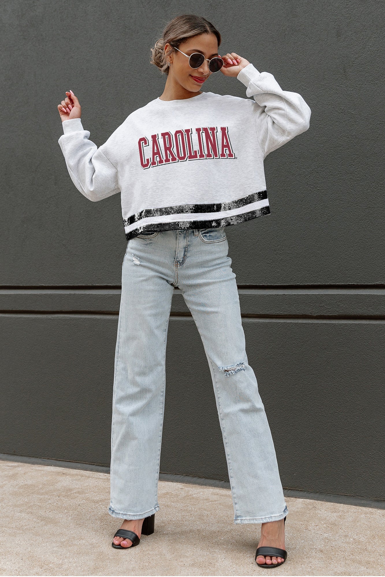 SOUTH CAROLINA GAMECOCKS PASS THE SHINE LONG SLEEVE METALLIC SHIMMER-STRIPE TOP WITH RIBBED NECKLINE AND CUFFS