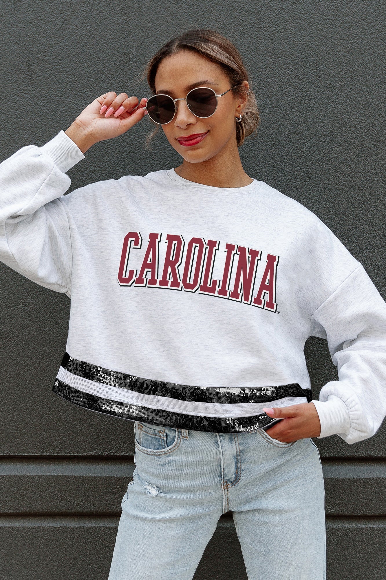 SOUTH CAROLINA GAMECOCKS PASS THE SHINE LONG SLEEVE METALLIC SHIMMER-STRIPE TOP WITH RIBBED NECKLINE AND CUFFS