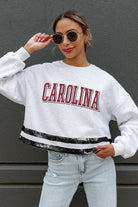 SOUTH CAROLINA GAMECOCKS PASS THE SHINE LONG SLEEVE METALLIC SHIMMER-STRIPE TOP WITH RIBBED NECKLINE AND CUFFS