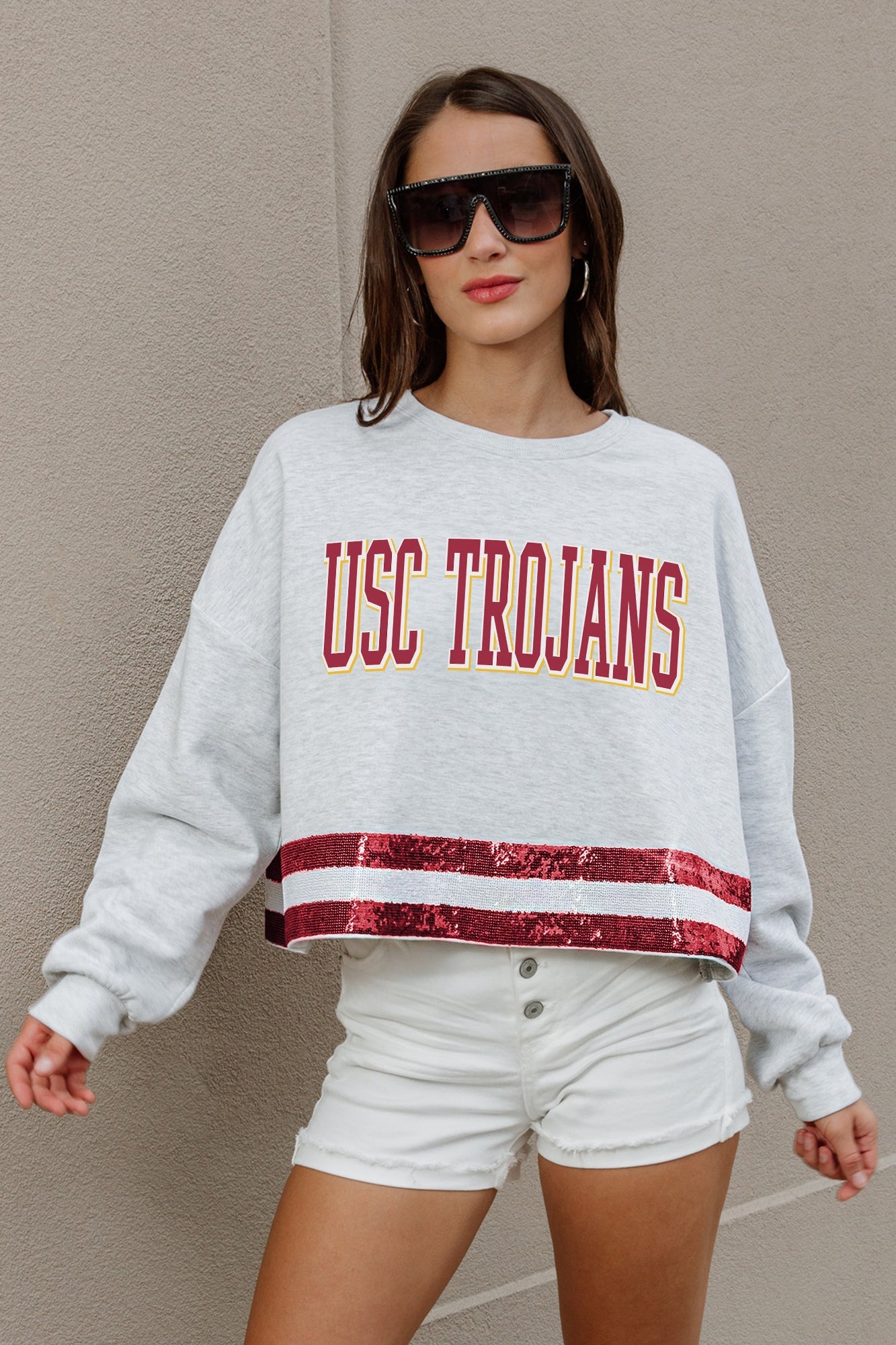 USC TROJANS PASS THE SHINE LONG SLEEVE METALLIC SHIMMER-STRIPE TOP WITH RIBBED NECKLINE AND CUFFS