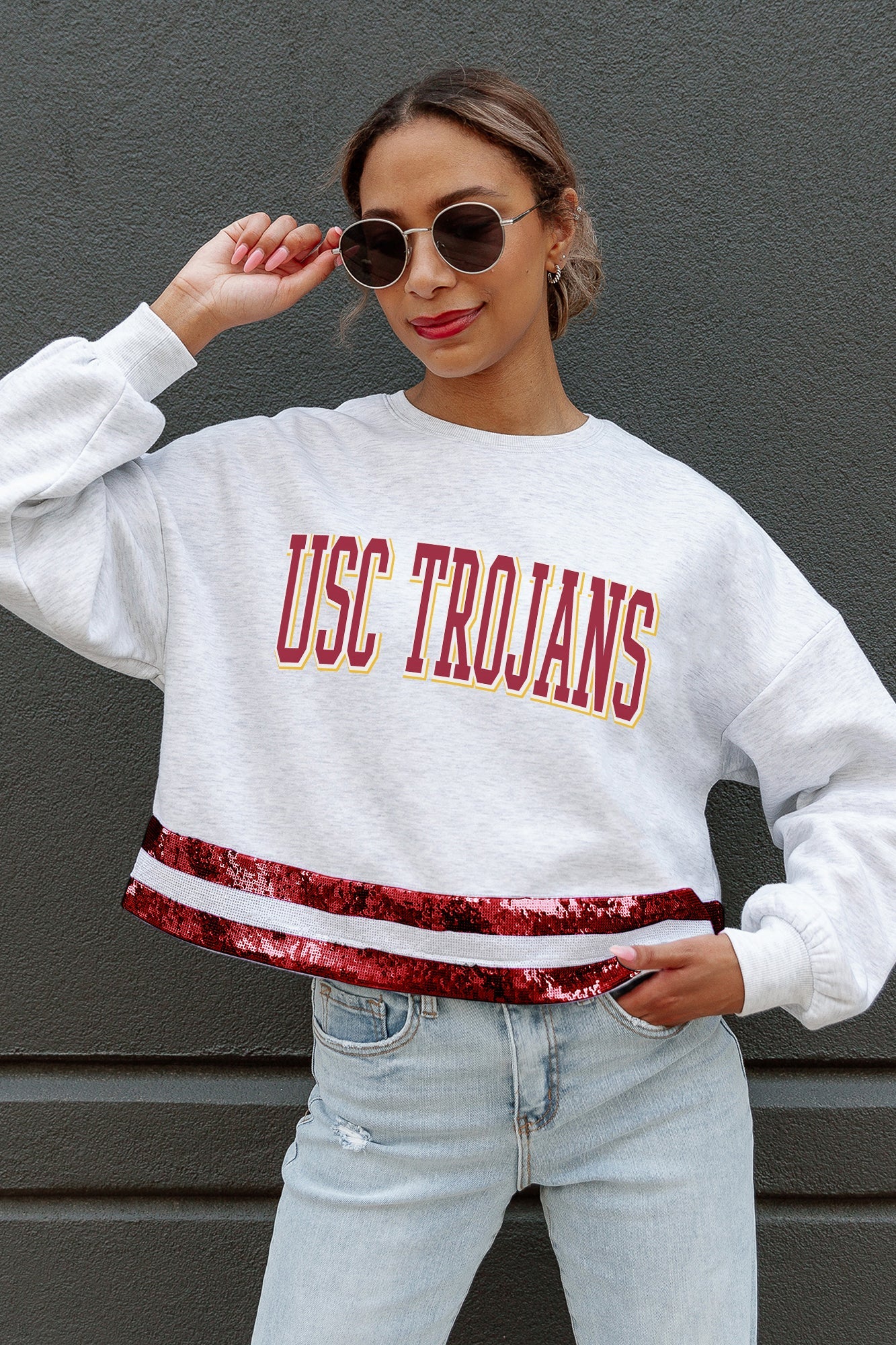 USC TROJANS PASS THE SHINE LONG SLEEVE METALLIC SHIMMER-STRIPE TOP WITH RIBBED NECKLINE AND CUFFS