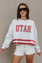 UTAH UTES PASS THE SHINE LONG SLEEVE METALLIC SHIMMER-STRIPE TOP WITH RIBBED NECKLINE AND CUFFS