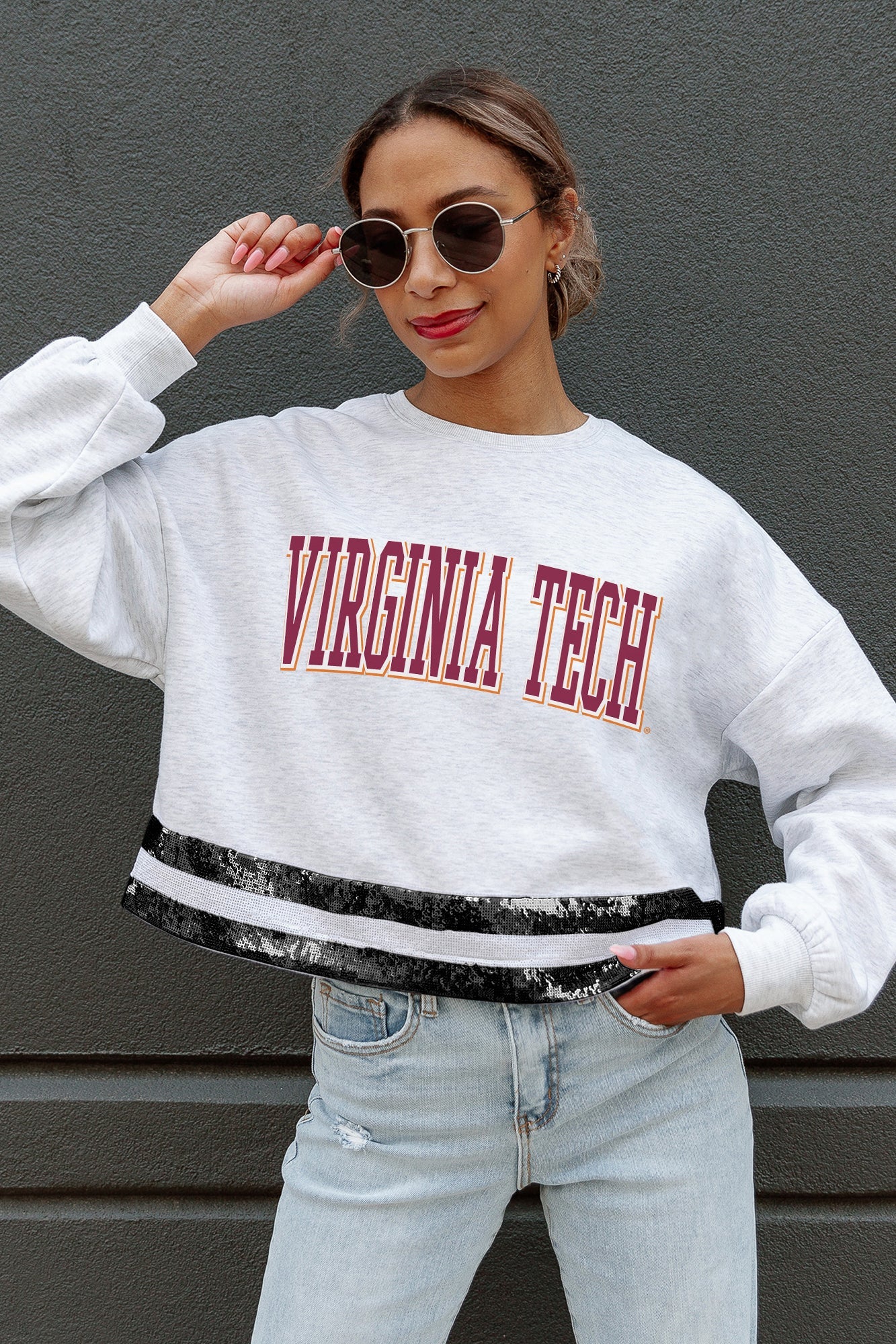 VIRGINIA TECH HOKIES PASS THE SHINE LONG SLEEVE METALLIC SHIMMER-STRIPE TOP WITH RIBBED NECKLINE AND CUFFS