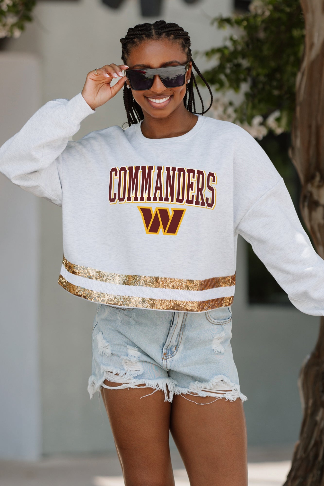 WASHINGTON COMMANDERS PASS THE SHINE LONG SLEEVE METALLIC SHIMMER-STRIPE TOP