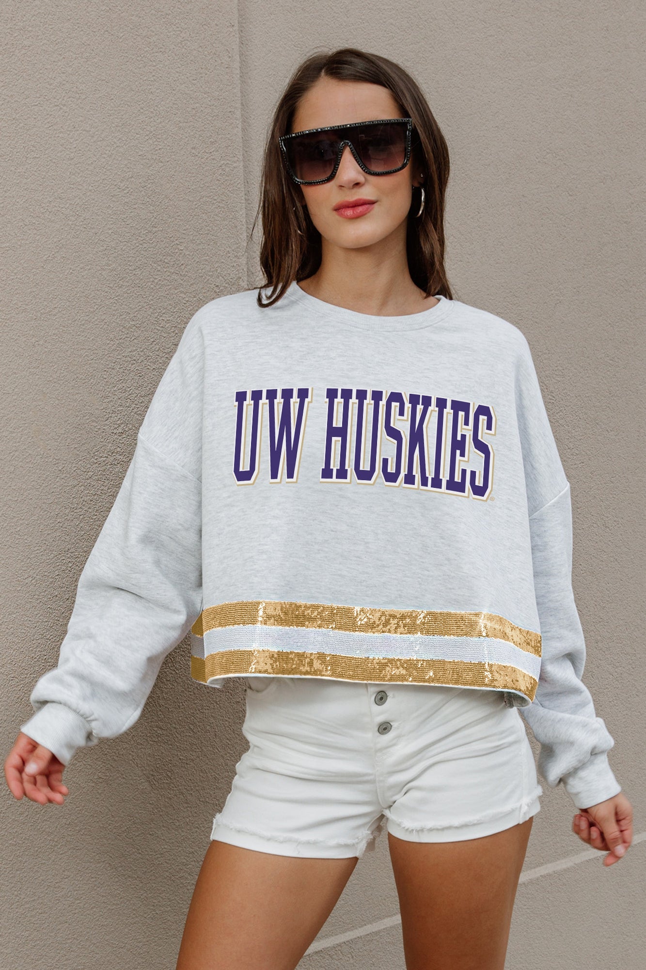 WASHINGTON HUSKIES PASS THE SHINE LONG SLEEVE METALLIC SHIMMER-STRIPE TOP WITH RIBBED NECKLINE AND CUFFS