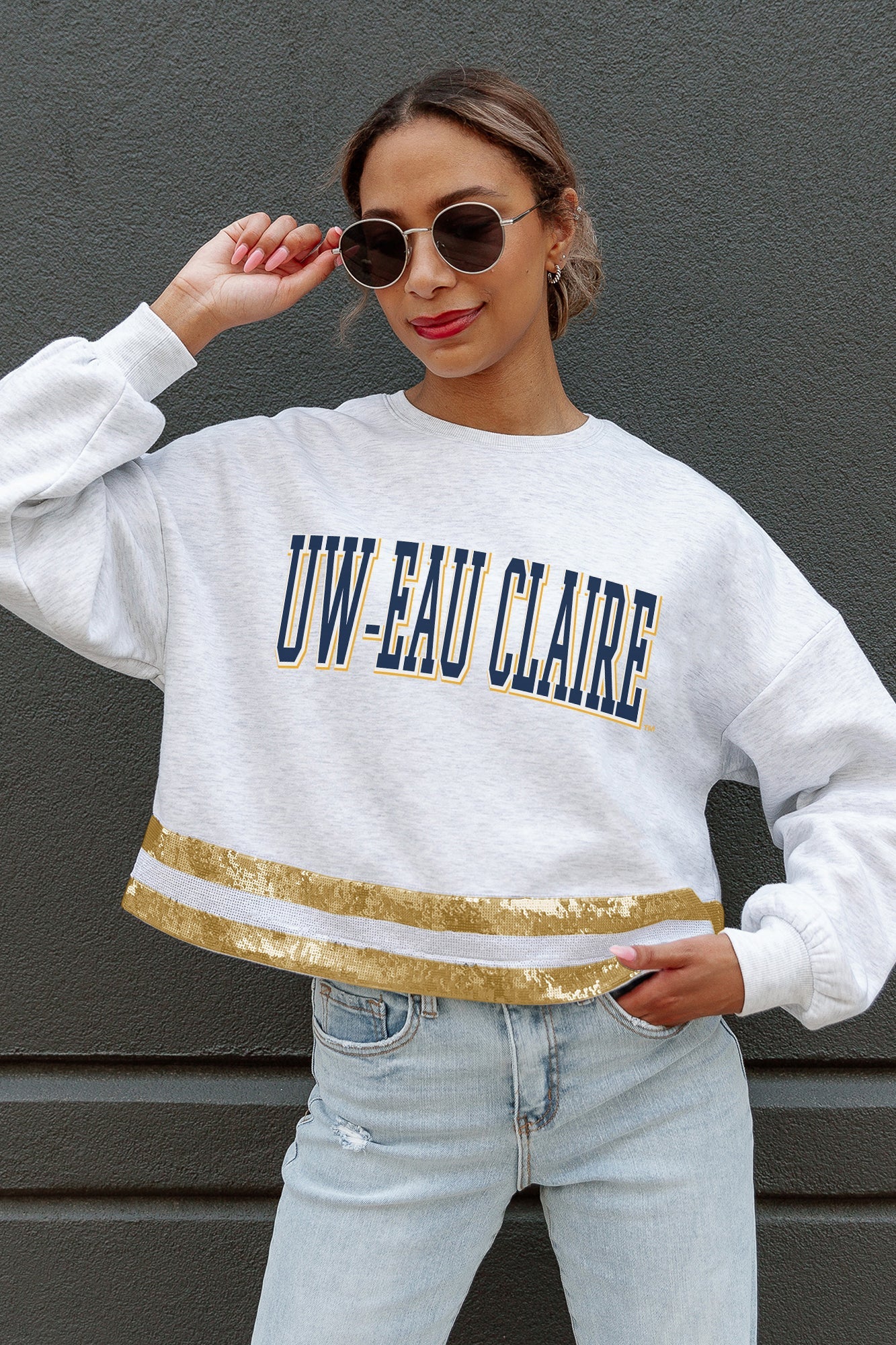 WISCONSIN-EAU CLAIRE BLUGOLDS PASS THE SHINE LONG SLEEVE METALLIC SHIMMER-STRIPE TOP WITH RIBBED NECKLINE AND CUFFS