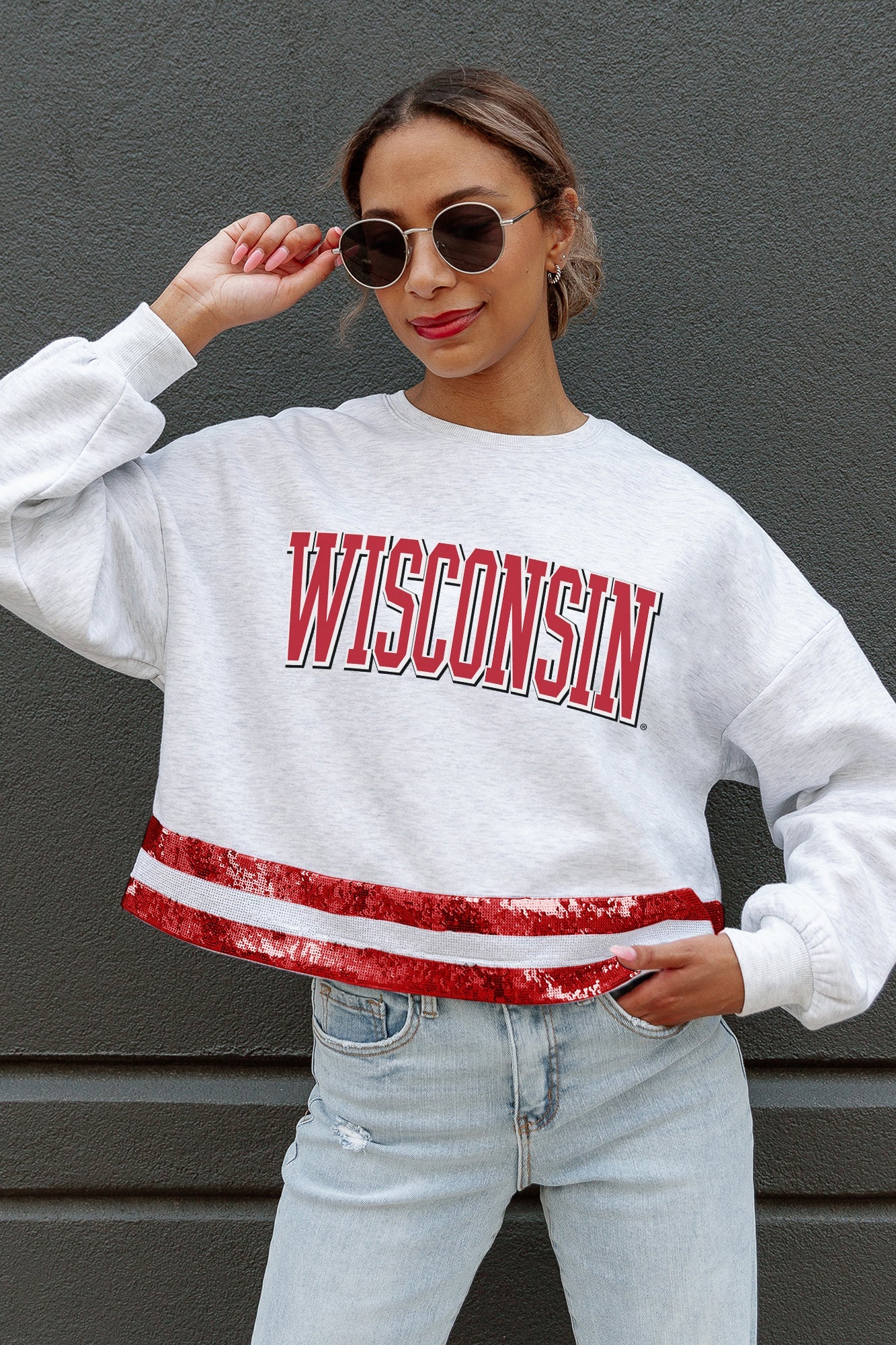 WISCONSIN BADGERS PASS THE SHINE LONG SLEEVE METALLIC SHIMMER-STRIPE TOP WITH RIBBED NECKLINE AND CUFFS