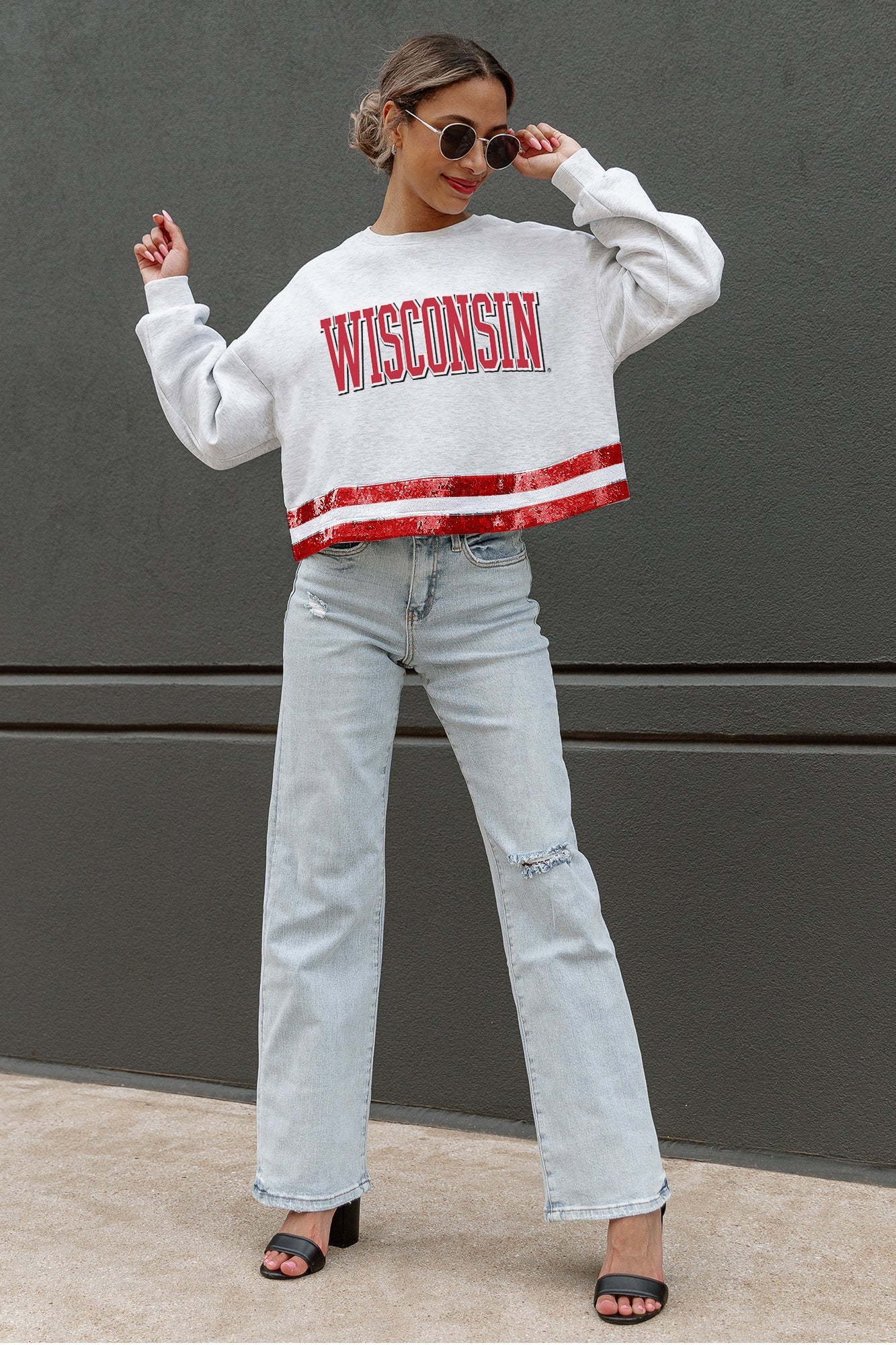 WISCONSIN BADGERS PASS THE SHINE LONG SLEEVE METALLIC SHIMMER-STRIPE TOP WITH RIBBED NECKLINE AND CUFFS