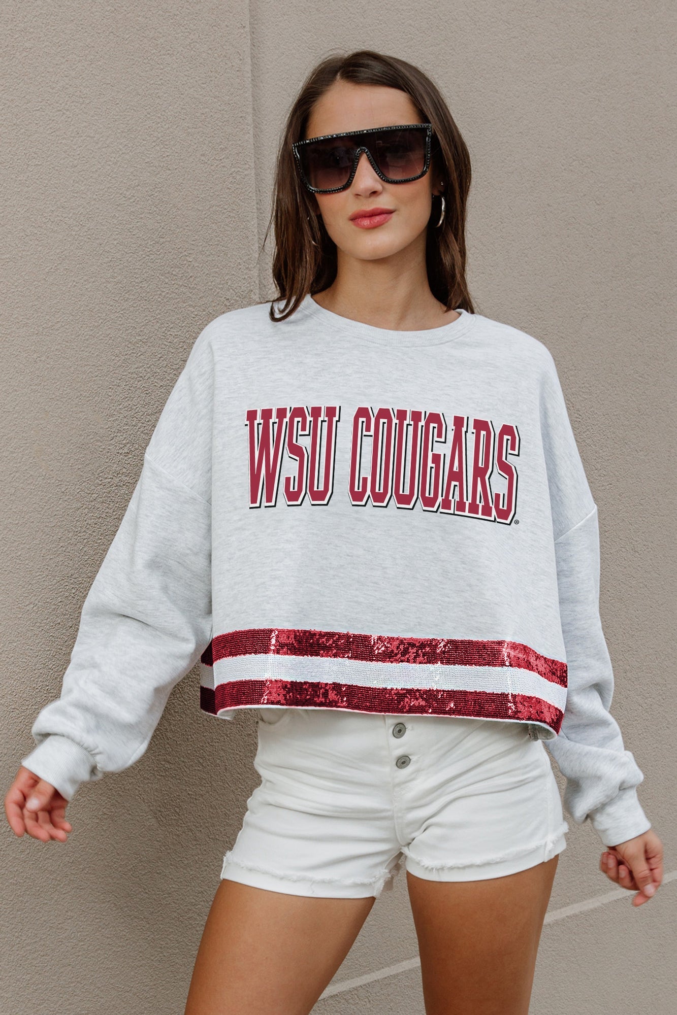 WASHINGTON STATE COUGARS PASS THE SHINE LONG SLEEVE METALLIC SHIMMER-STRIPE TOP WITH RIBBED NECKLINE AND CUFFS