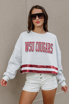 WASHINGTON STATE COUGARS PASS THE SHINE LONG SLEEVE METALLIC SHIMMER-STRIPE TOP WITH RIBBED NECKLINE AND CUFFS