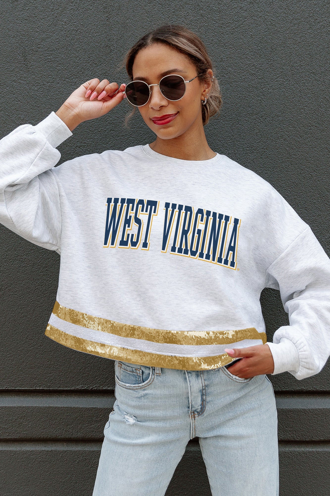 WEST VIRGINIA MOUNTAINEERS PASS THE SHINE LONG SLEEVE METALLIC SHIMMER-STRIPE TOP WITH RIBBED NECKLINE AND CUFFS