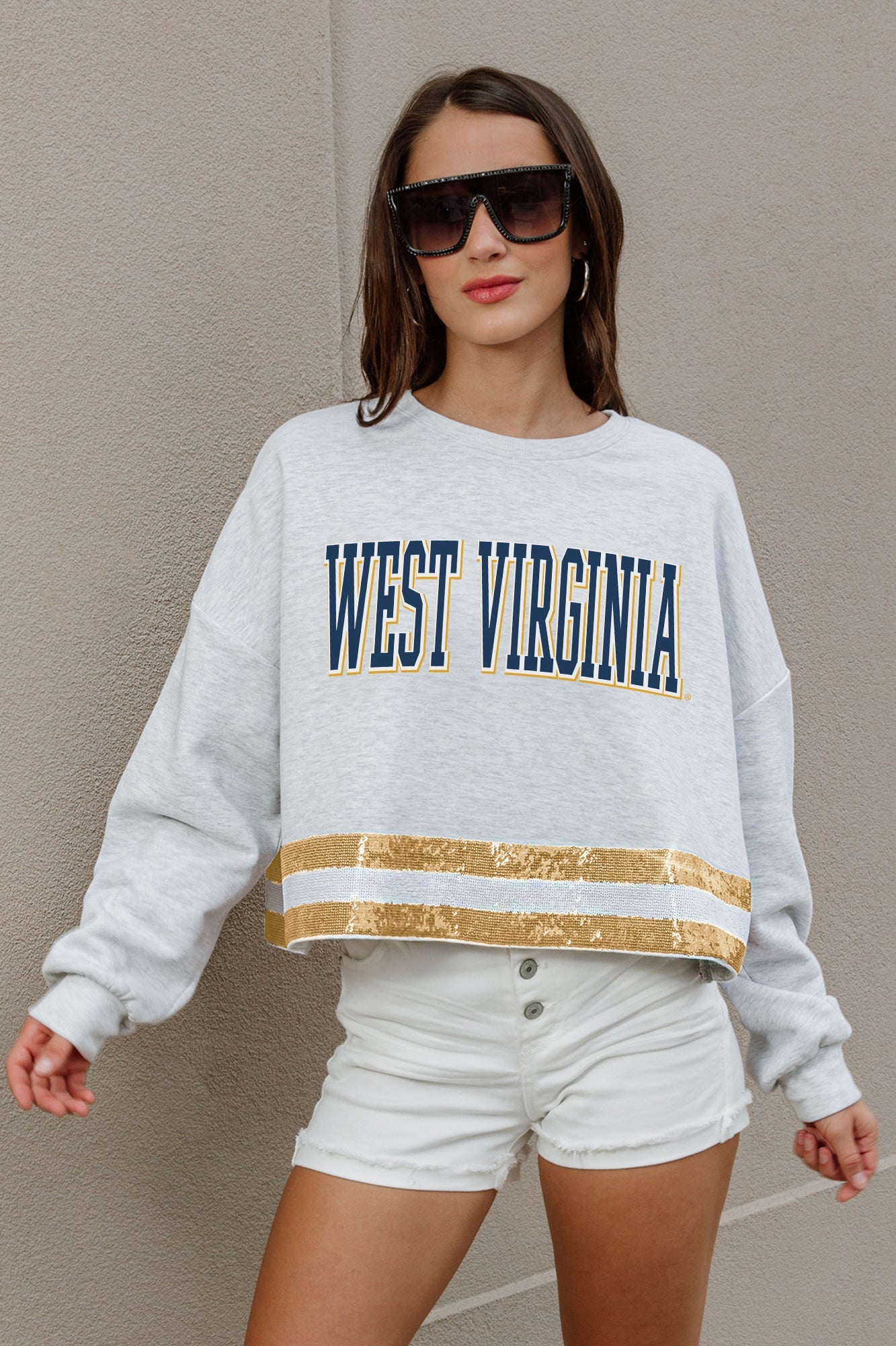 WEST VIRGINIA MOUNTAINEERS PASS THE SHINE LONG SLEEVE METALLIC SHIMMER-STRIPE TOP WITH RIBBED NECKLINE AND CUFFS