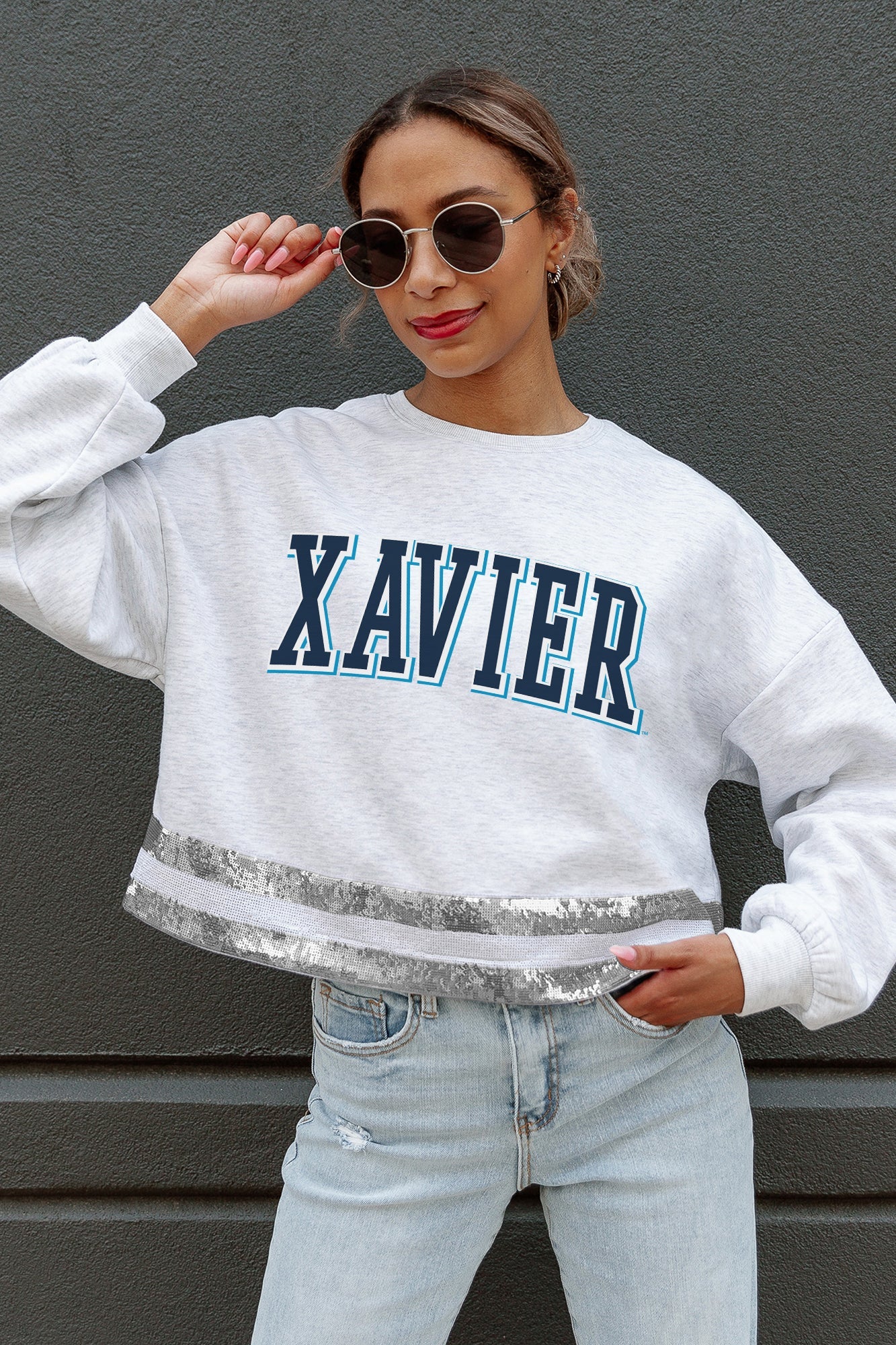 XAVIER MUSKETEERS PASS THE SHINE LONG SLEEVE METALLIC SHIMMER-STRIPE TOP WITH RIBBED NECKLINE AND CUFFS