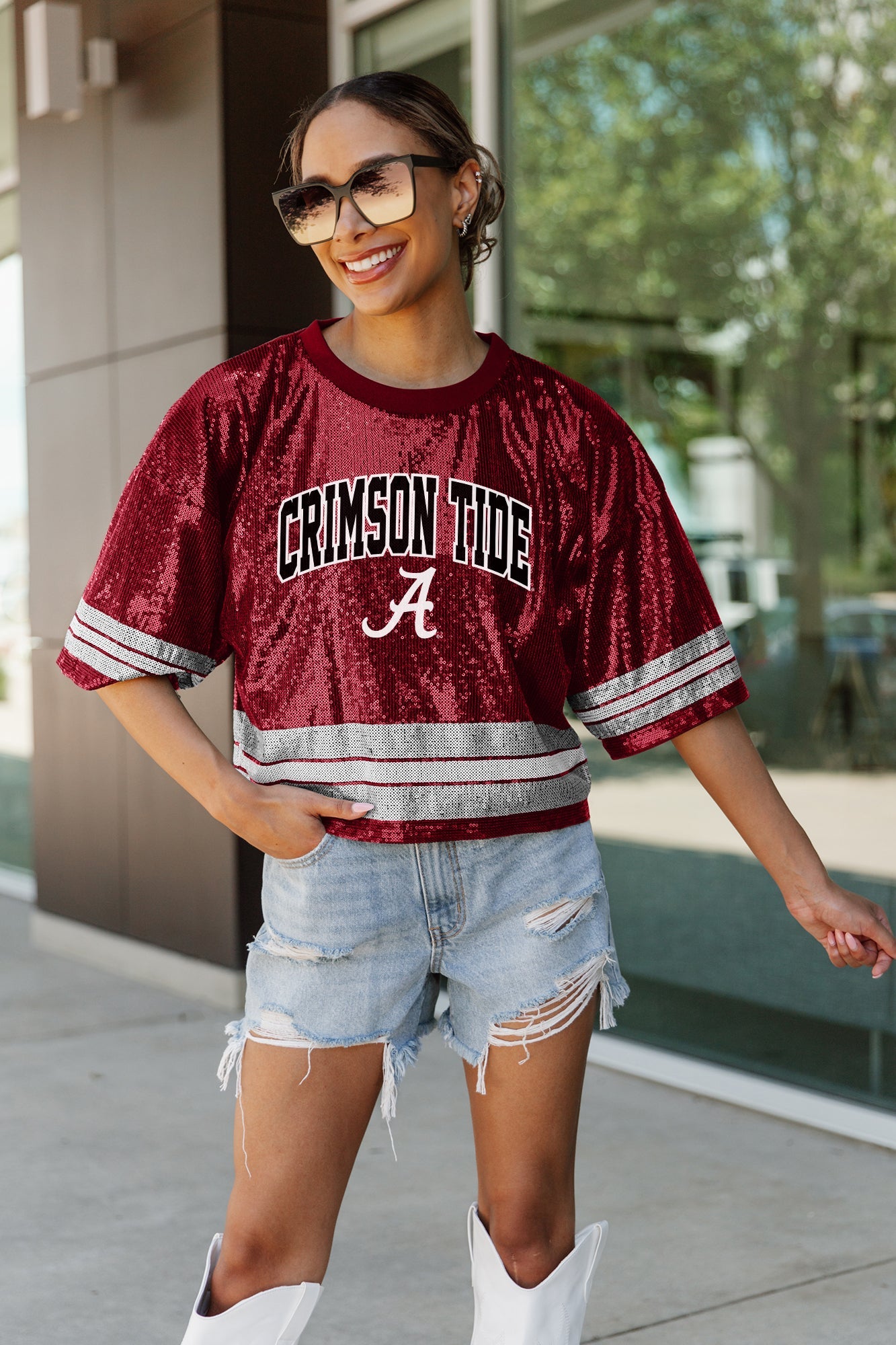 ALABAMA CRIMSON TIDE OWN THE GAME FULL SEQUIN SPARKLE SPORTS-STRIPED CROPPED JERSEY