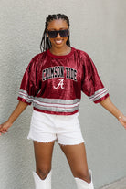 ALABAMA CRIMSON TIDE OWN THE GAME FULL SEQUIN SPARKLE SPORTS-STRIPED CROPPED JERSEY