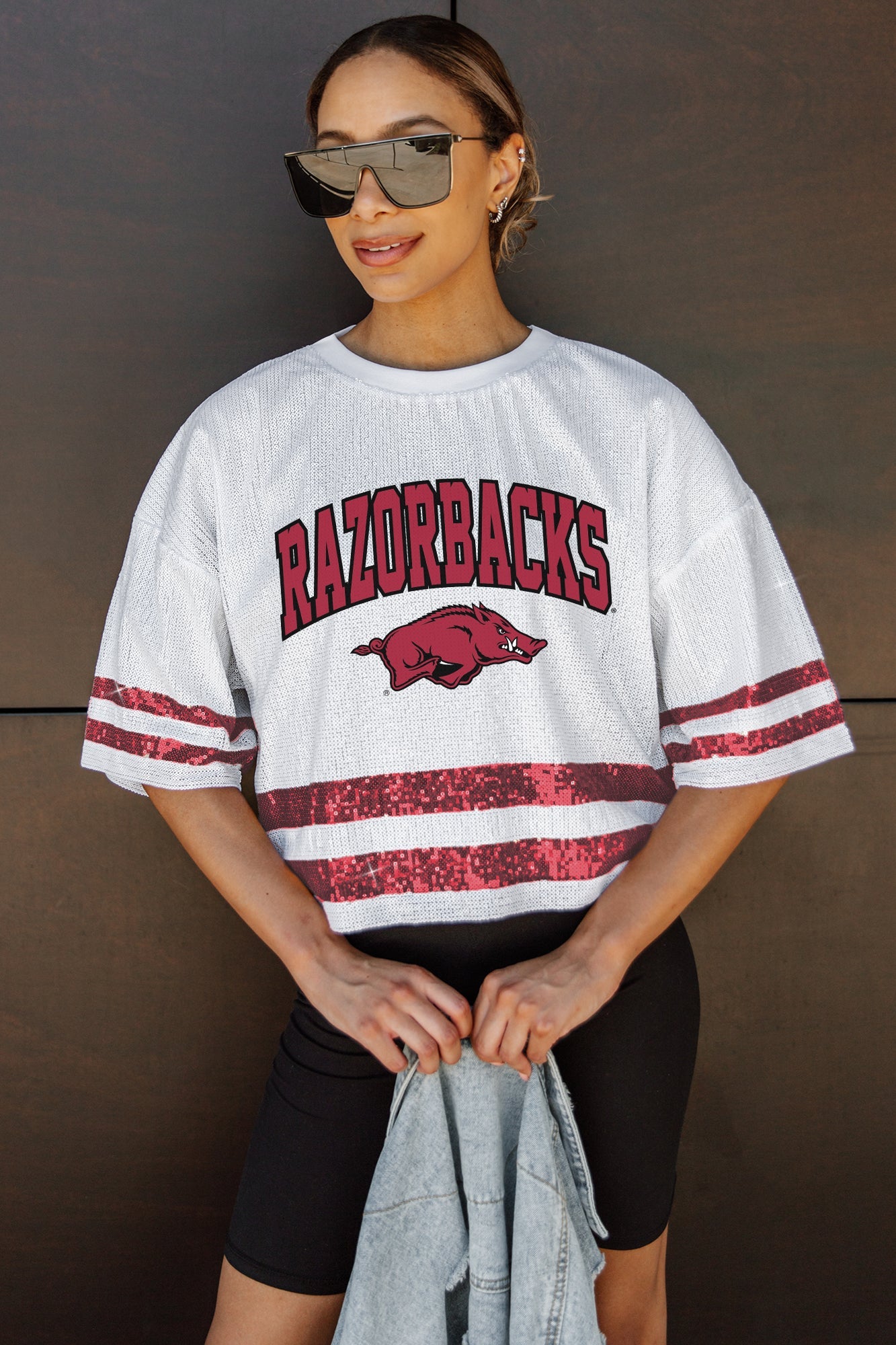 ARKANSAS RAZORBACKS OWN THE GAME FULL SEQUIN SPARKLE SPORTS-STRIPED CROPPED JERSEY