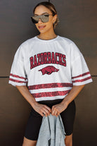 ARKANSAS RAZORBACKS OWN THE GAME FULL SEQUIN SPARKLE SPORTS-STRIPED CROPPED JERSEY