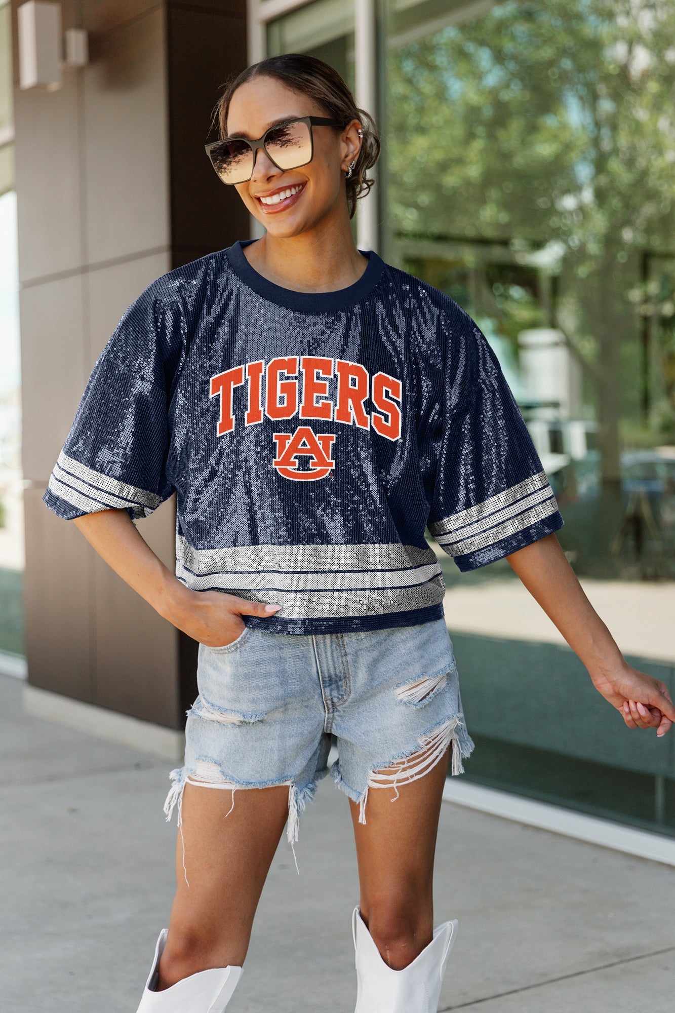 AUBURN TIGERS OWN THE GAME FULL SEQUIN SPARKLE SPORTS-STRIPED CROPPED JERSEY