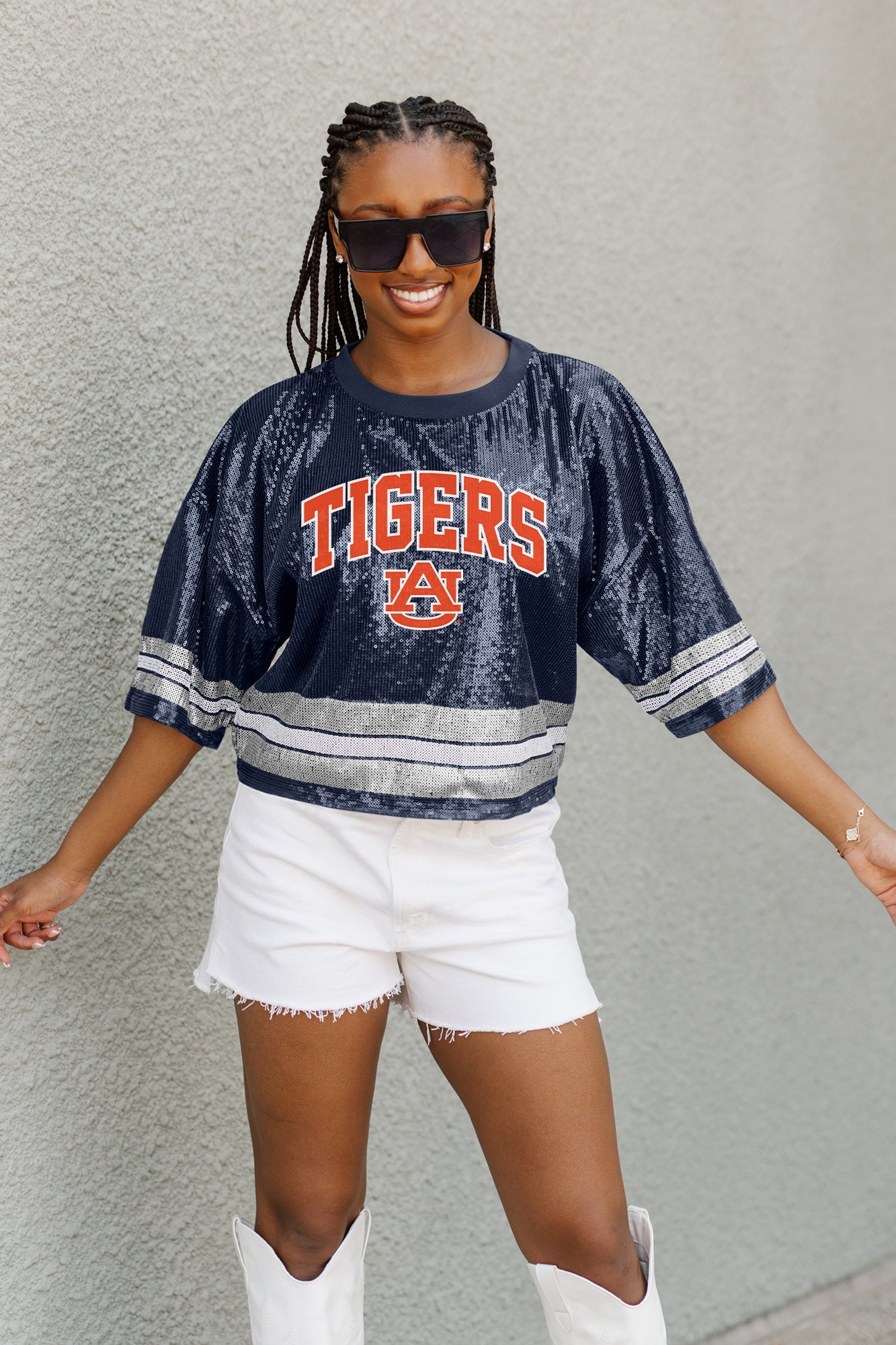 AUBURN TIGERS OWN THE GAME FULL SEQUIN SPARKLE SPORTS-STRIPED CROPPED JERSEY