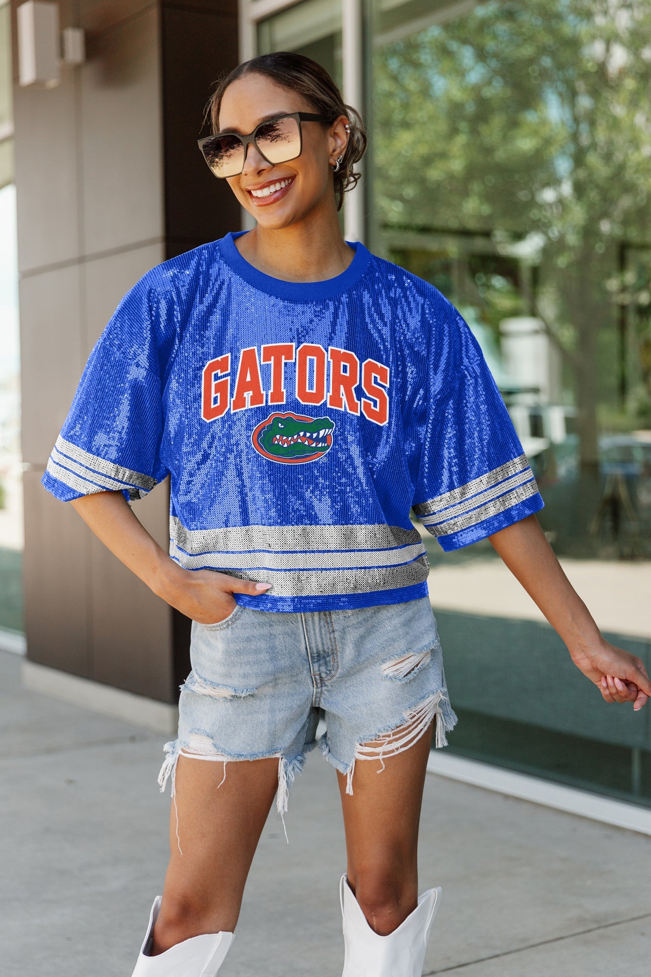 FLORIDA GATORS OWN THE GAME FULL SEQUIN SPARKLE SPORTS-STRIPED CROPPED JERSEY