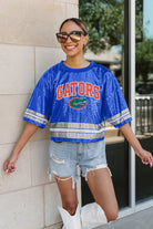 FLORIDA GATORS OWN THE GAME FULL SEQUIN SPARKLE SPORTS-STRIPED CROPPED JERSEY