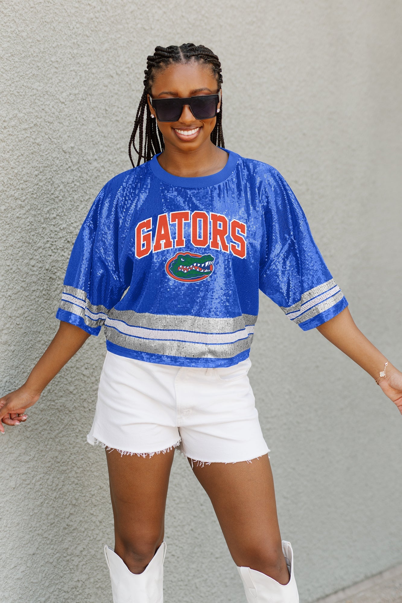 FLORIDA GATORS OWN THE GAME FULL SEQUIN SPARKLE SPORTS-STRIPED CROPPED JERSEY