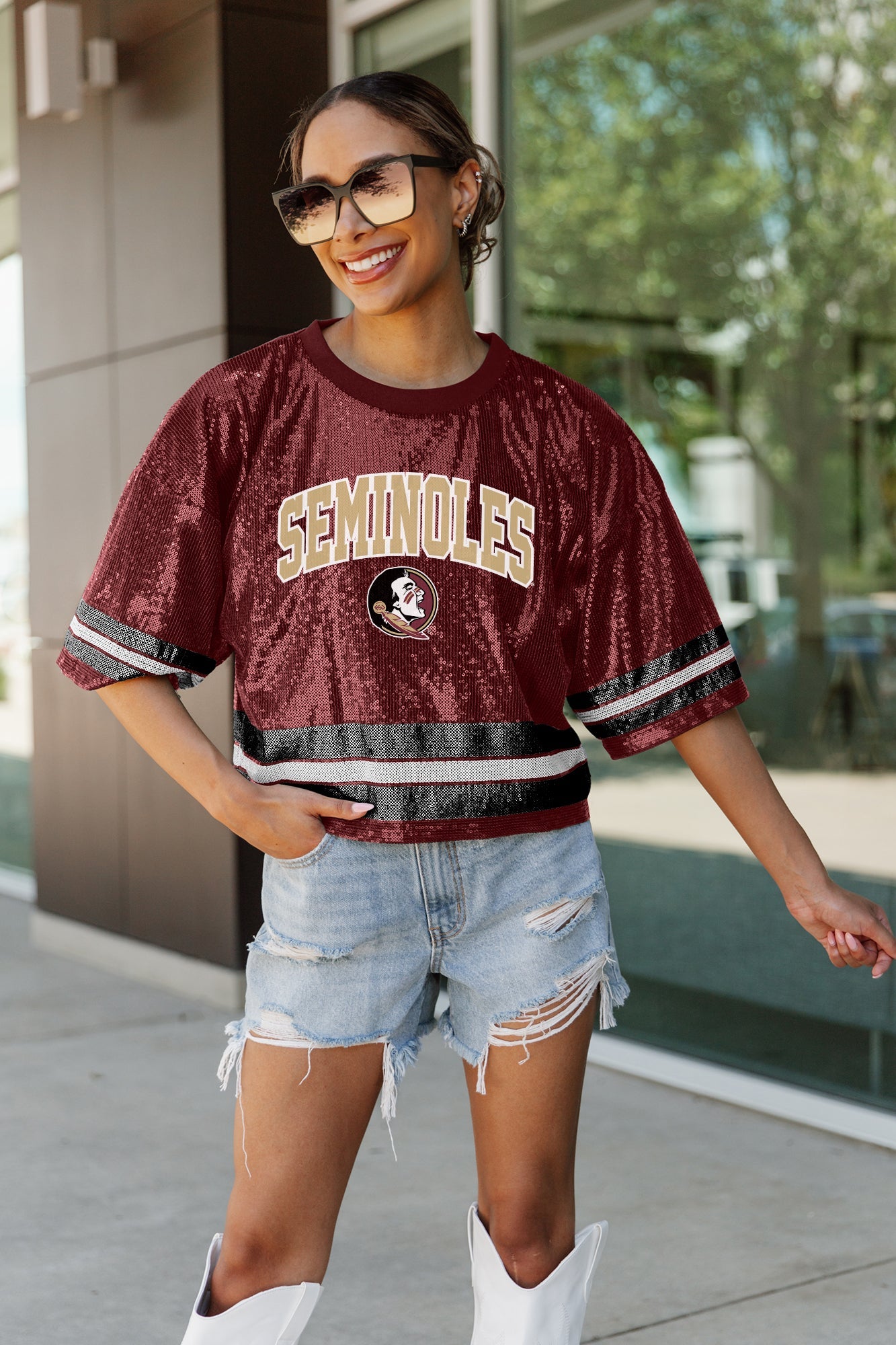 FLORIDA STATE SEMINOLES OWN THE GAME FULL SEQUIN SPARKLE SPORTS-STRIPED CROPPED JERSEY