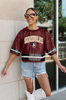 FLORIDA STATE SEMINOLES OWN THE GAME FULL SEQUIN SPARKLE SPORTS-STRIPED CROPPED JERSEY