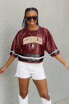 FLORIDA STATE SEMINOLES OWN THE GAME FULL SEQUIN SPARKLE SPORTS-STRIPED CROPPED JERSEY