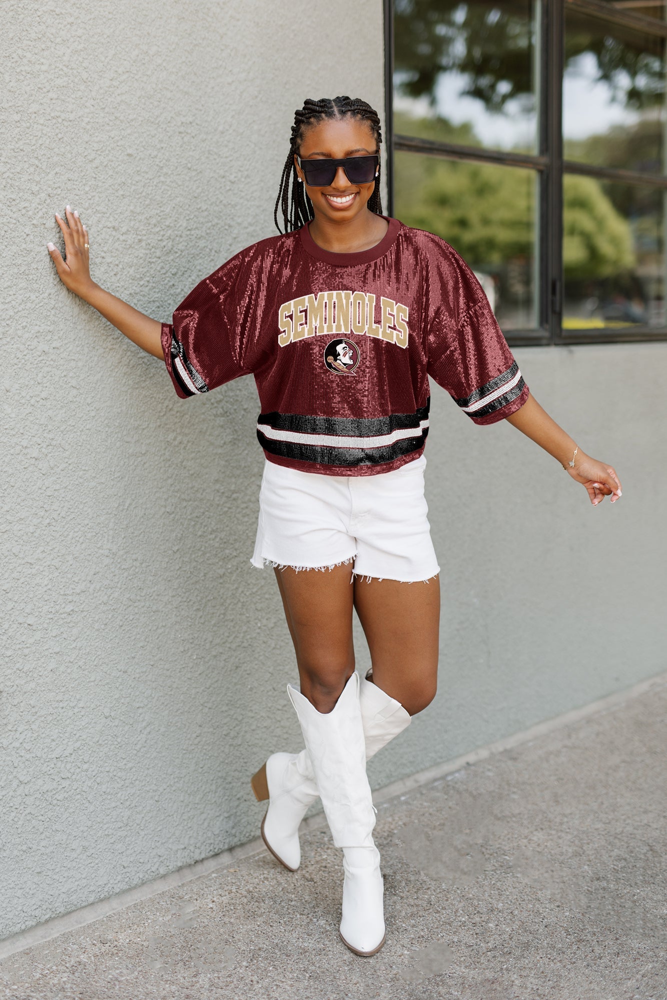 FLORIDA STATE SEMINOLES OWN THE GAME FULL SEQUIN SPARKLE SPORTS-STRIPED CROPPED JERSEY