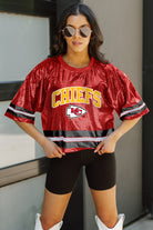 KANSAS CITY CHIEFS OWN THE GAME FULL SEQUIN SPARKLE SPORTS-STRIPED CROPPED FASHION TOP