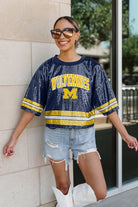 MICHIGAN WOLVERINES OWN THE GAME FULL SEQUIN SPARKLE SPORTS-STRIPED CROPPED JERSEY