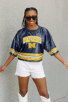 MICHIGAN WOLVERINES OWN THE GAME FULL SEQUIN SPARKLE SPORTS-STRIPED CROPPED JERSEY