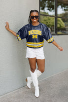 MICHIGAN WOLVERINES OWN THE GAME FULL SEQUIN SPARKLE SPORTS-STRIPED CROPPED JERSEY