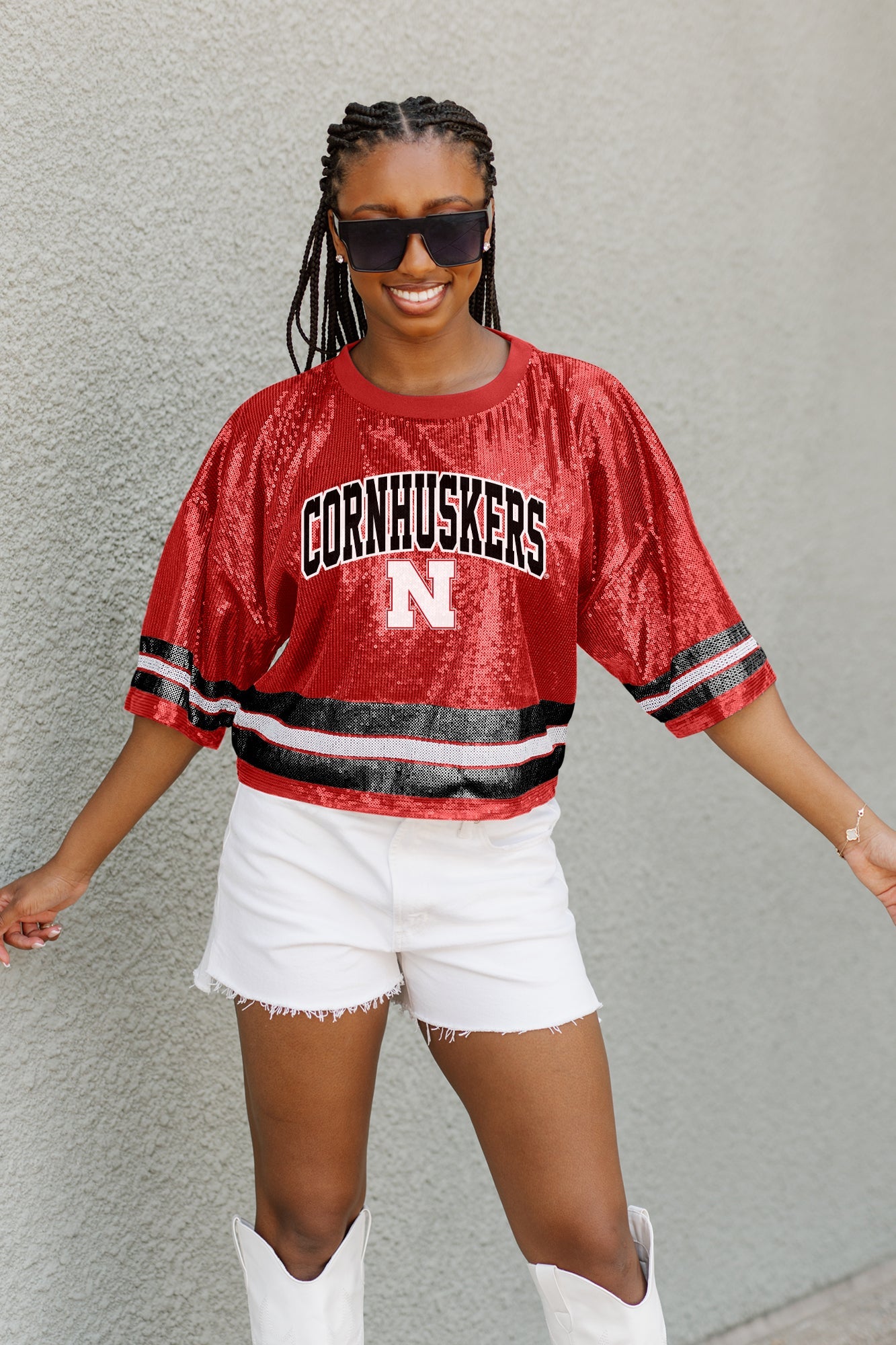 NEBRASKA CORNHUSKERS OWN THE GAME FULL SEQUIN SPARKLE SPORTS-STRIPED CROPPED JERSEY