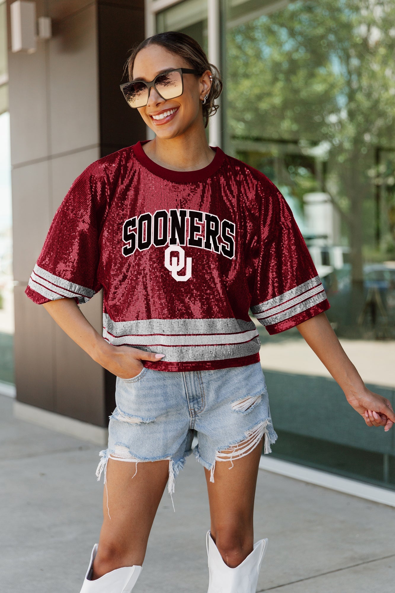 OKLAHOMA SOONERS OWN THE GAME FULL SEQUIN SPARKLE SPORTS-STRIPED CROPPED JERSEY