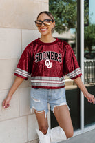 OKLAHOMA SOONERS OWN THE GAME FULL SEQUIN SPARKLE SPORTS-STRIPED CROPPED JERSEY