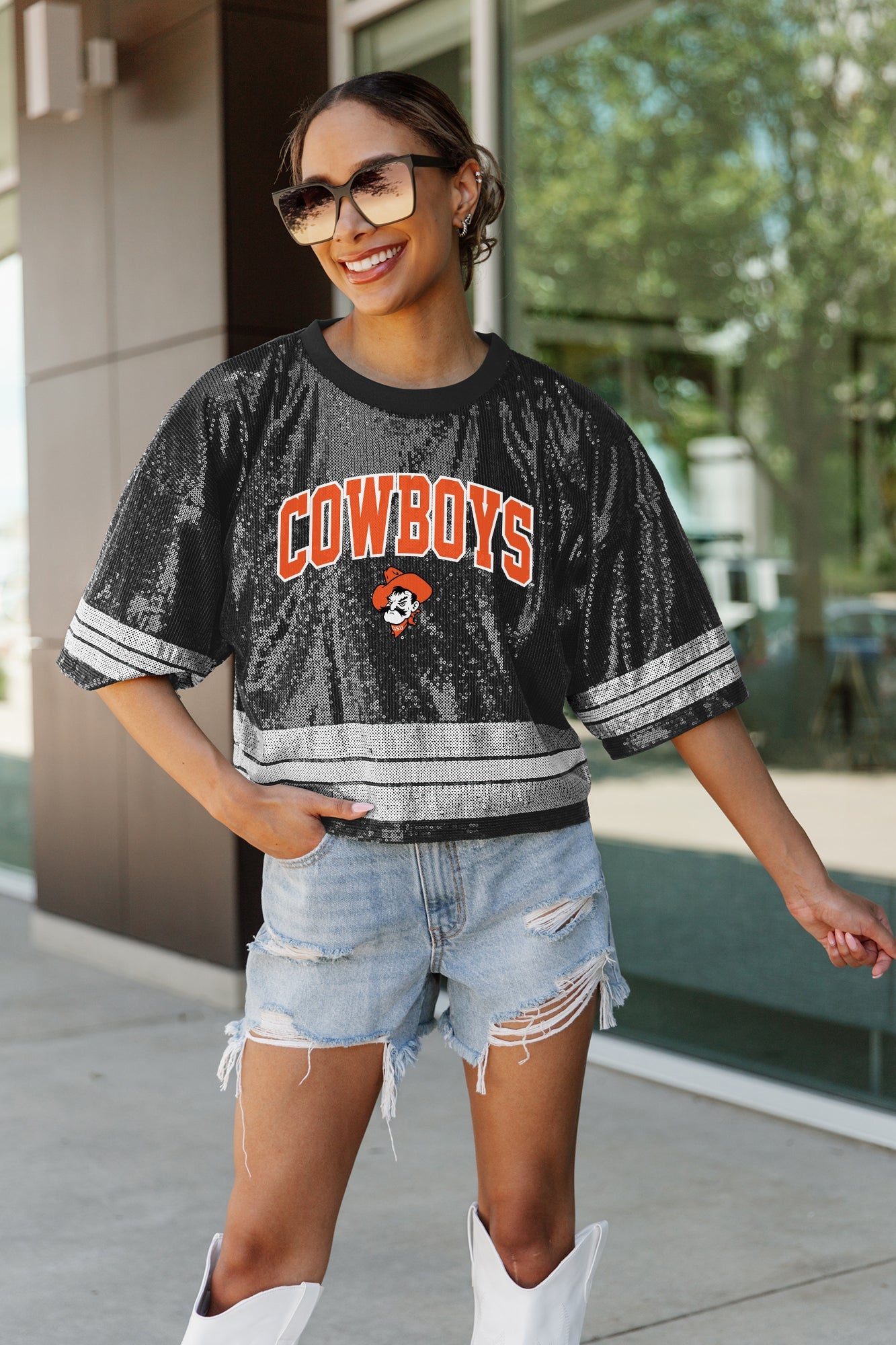 OKLAHOMA STATE COWBOYS OWN THE GAME FULL SEQUIN SPARKLE SPORTS-STRIPED CROPPED JERSEY