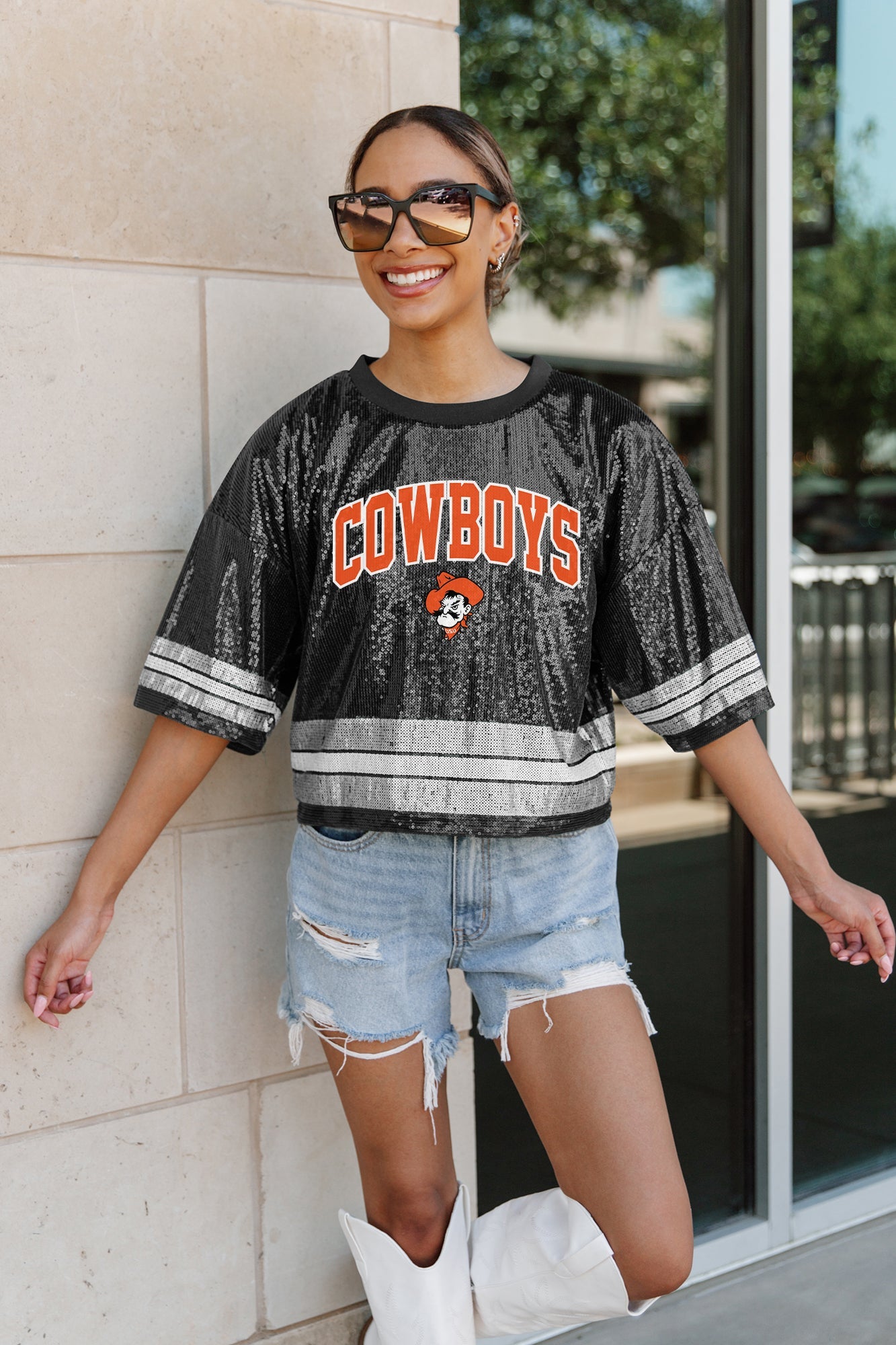 OKLAHOMA STATE COWBOYS OWN THE GAME FULL SEQUIN SPARKLE SPORTS-STRIPED CROPPED JERSEY