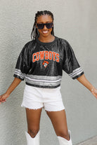 OKLAHOMA STATE COWBOYS OWN THE GAME FULL SEQUIN SPARKLE SPORTS-STRIPED CROPPED JERSEY