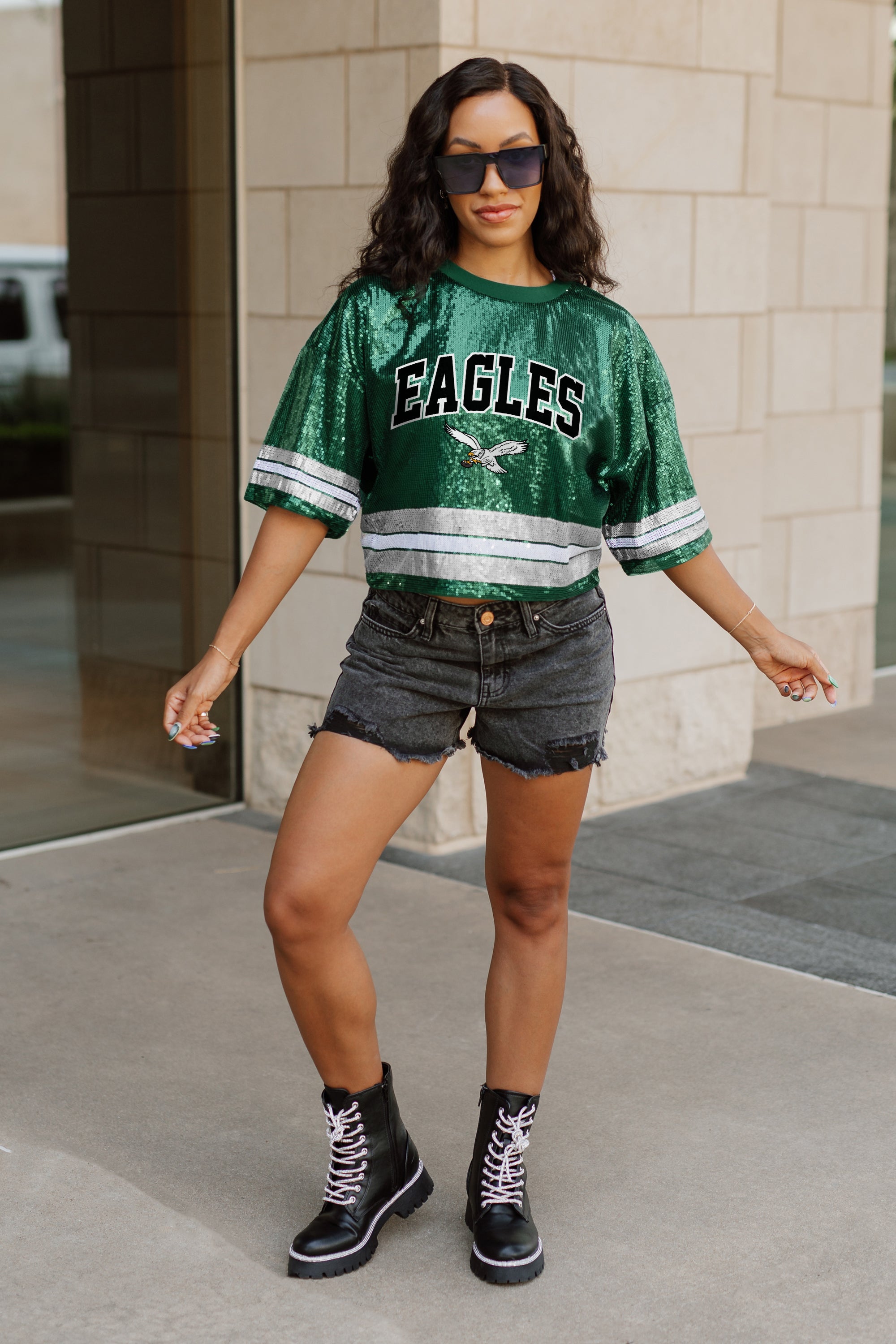 PHILADELPHIA EAGLES OWN THE GAME FULL SEQUIN SPARKLE SPORTS-STRIPED CROPPED FASHION TOP