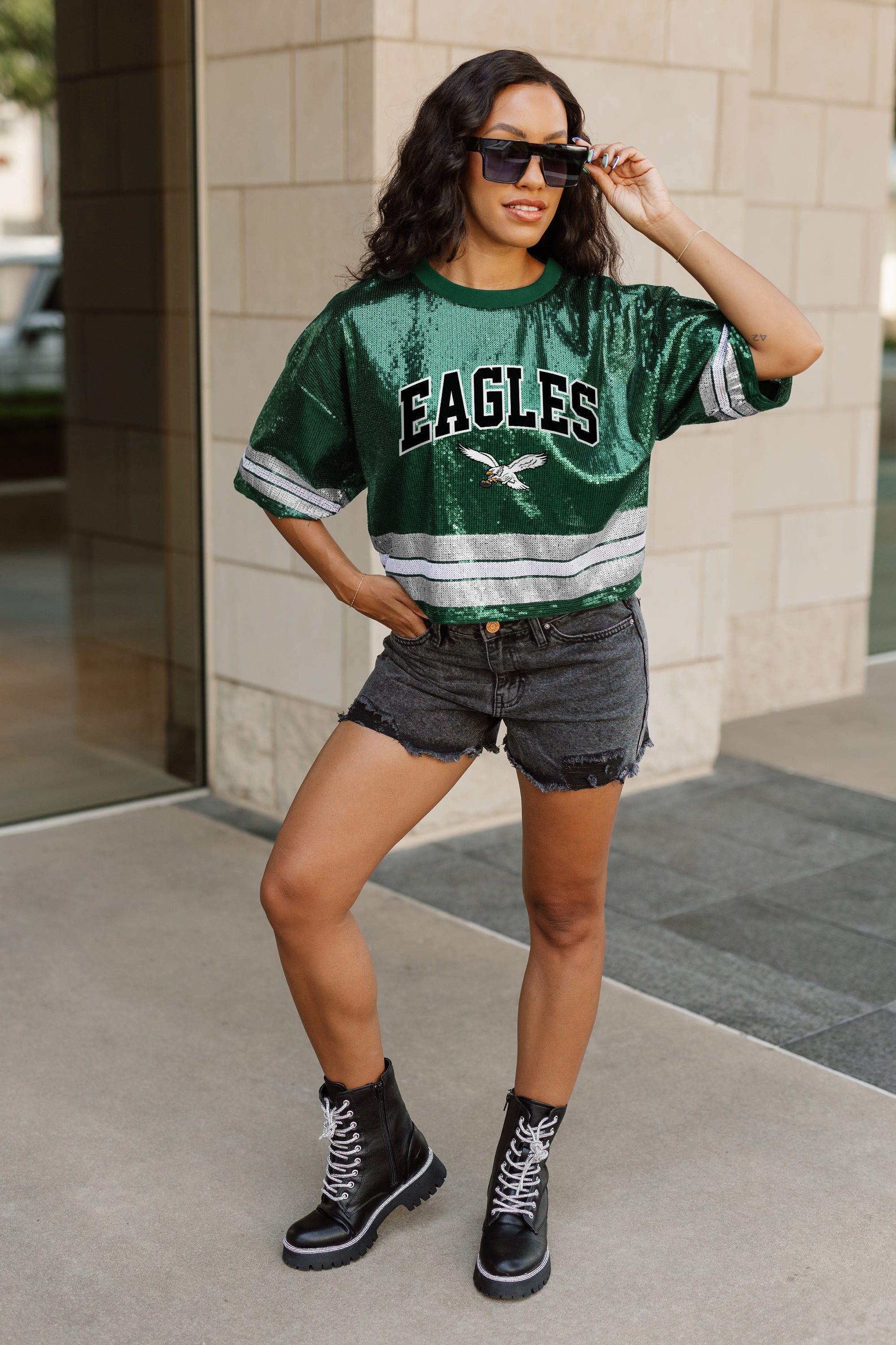 PHILADELPHIA EAGLES OWN THE GAME FULL SEQUIN SPARKLE SPORTS-STRIPED CROPPED FASHION TOP